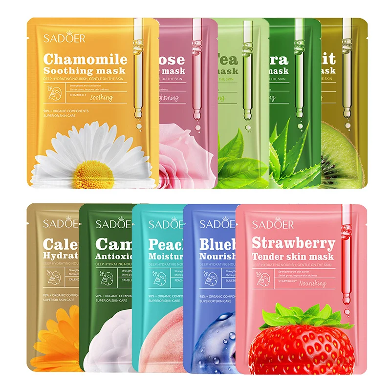 10pcs SADOER Mascarillas Faciales de Frutas y Flores Hidratantes, Blanqueadoras y Antienvejecimiento para el Cuidado de la Piel de la Mujer