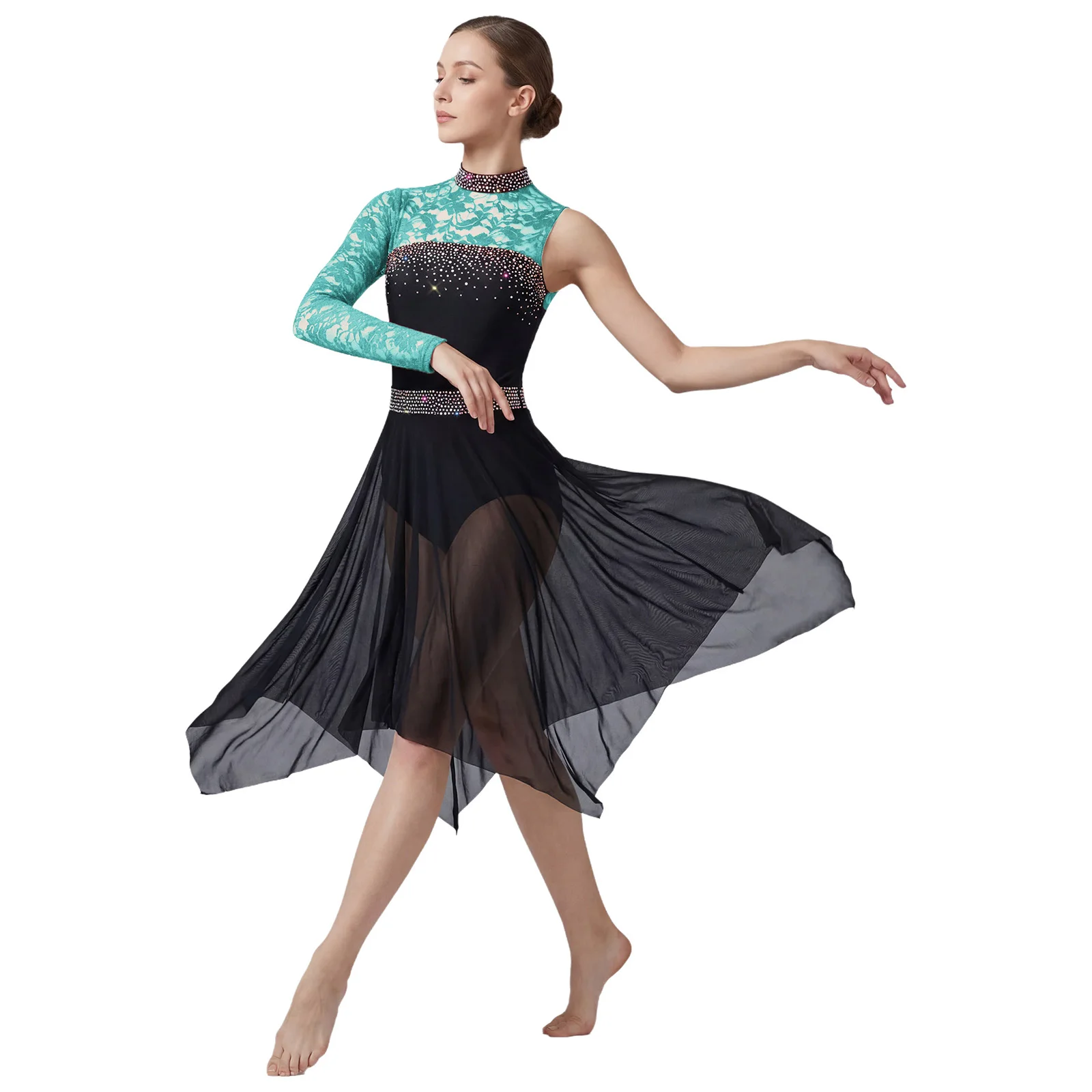 

Women Figure Skating Lyrical Dance Dress Asymmetrical Dress Floral Lace Sleeve Patchwork Leotards Mesh Skirted for Waltz Ballet