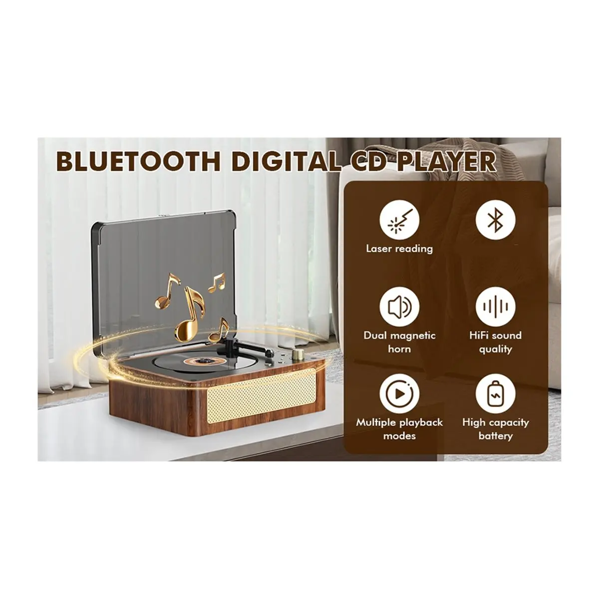 Vintage CD Player Two-Way Bluetooth 5.0 Built-in Speaker Portable Rechargeable Home Decor