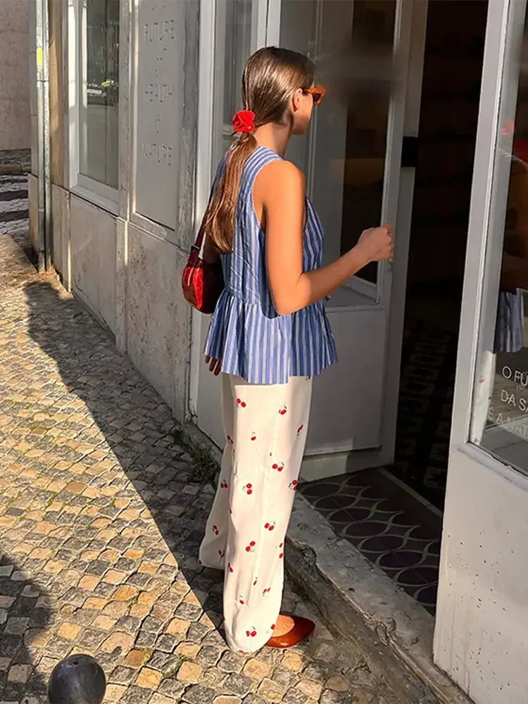 Mulheres oco, listrado azul, colete com renda para cima, casual, colete solto com gola V, top feminino de streetwear, sexy, novo, primavera, verão