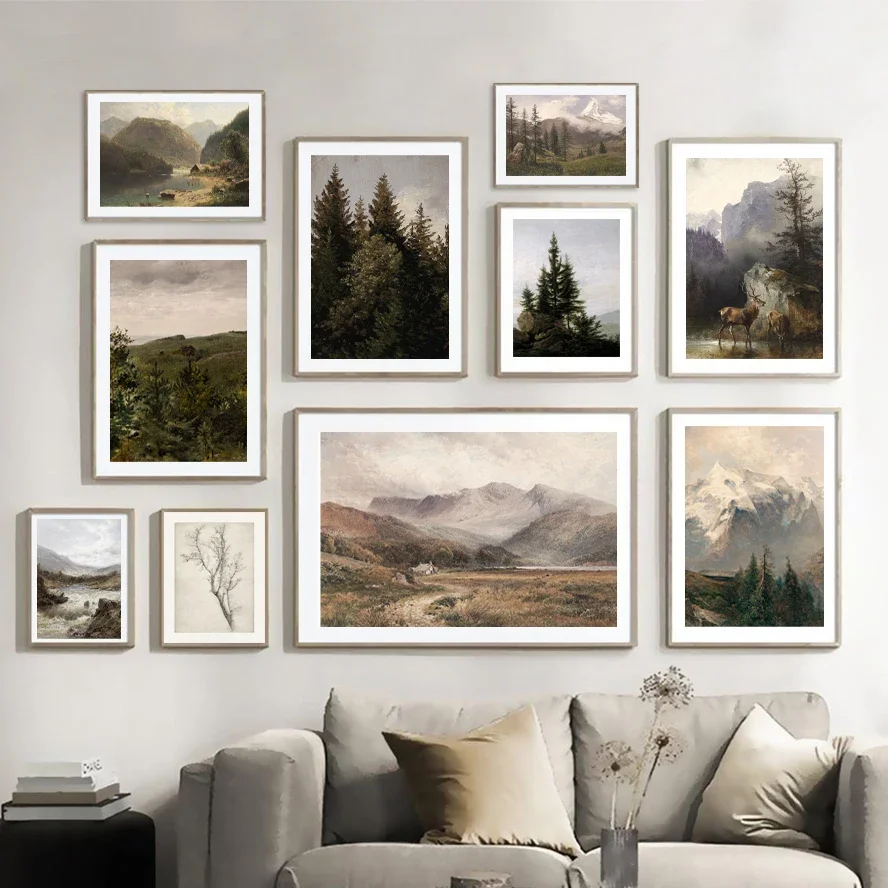 Cuadros Decorativos Rústicos de Montaña, Impresiones de Arte de Pared, Pintura al Óleo de Paisaje Forestal Vintage, Póster de Diamante, Imágenes de Arte Natural, Decoración Rústica
