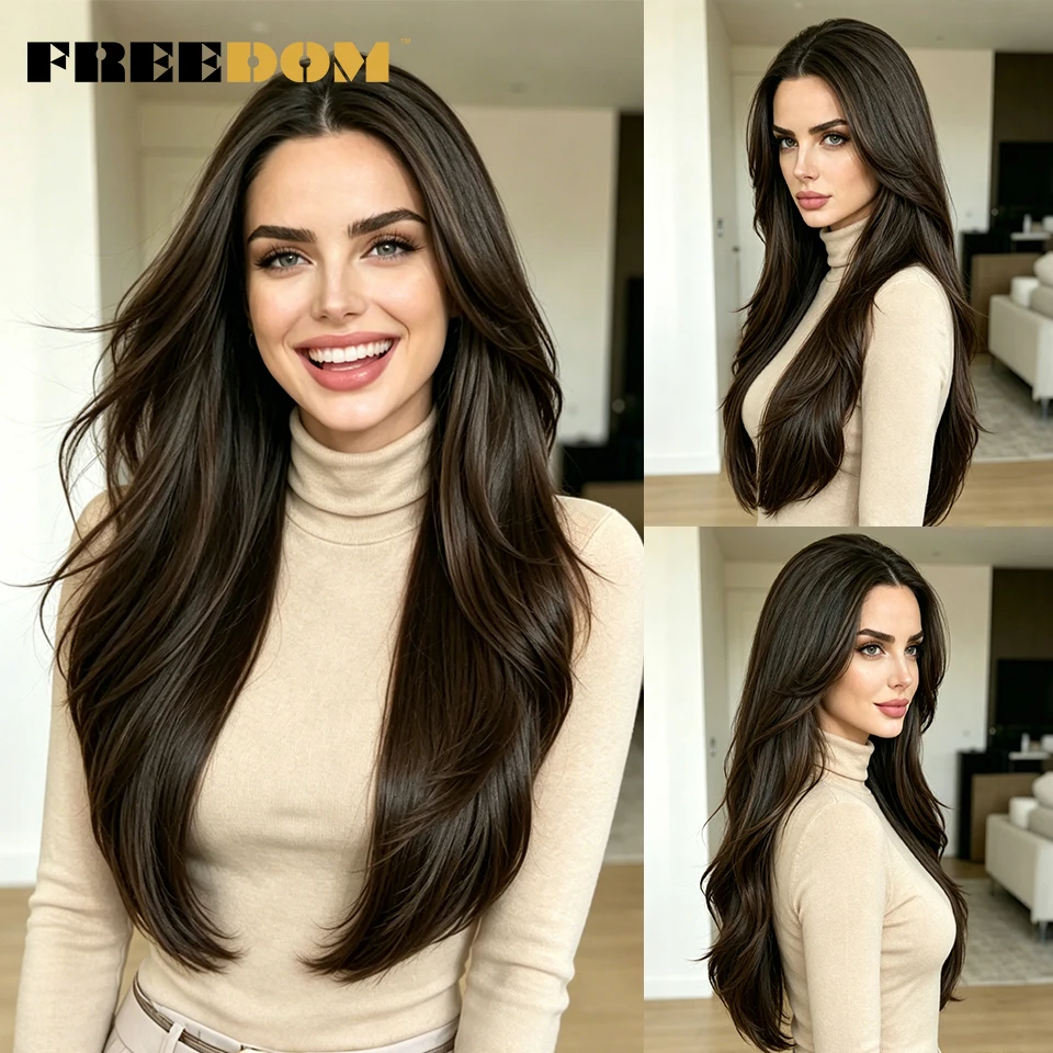

FREEDOM Synthetic Lace Front Wigs For Women 26 inch Straight Layered Wig With Bangs Ombre Brown Blonde Highlight Daily Party Wig
