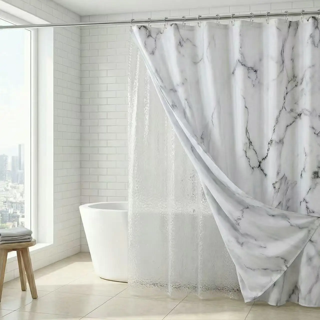 

Double-Layer Shower Curtain with EVA Waterproof Liner and Polyester Fabric Outer Layer, Includes 12 Stainless Steel Hooks, Moder
