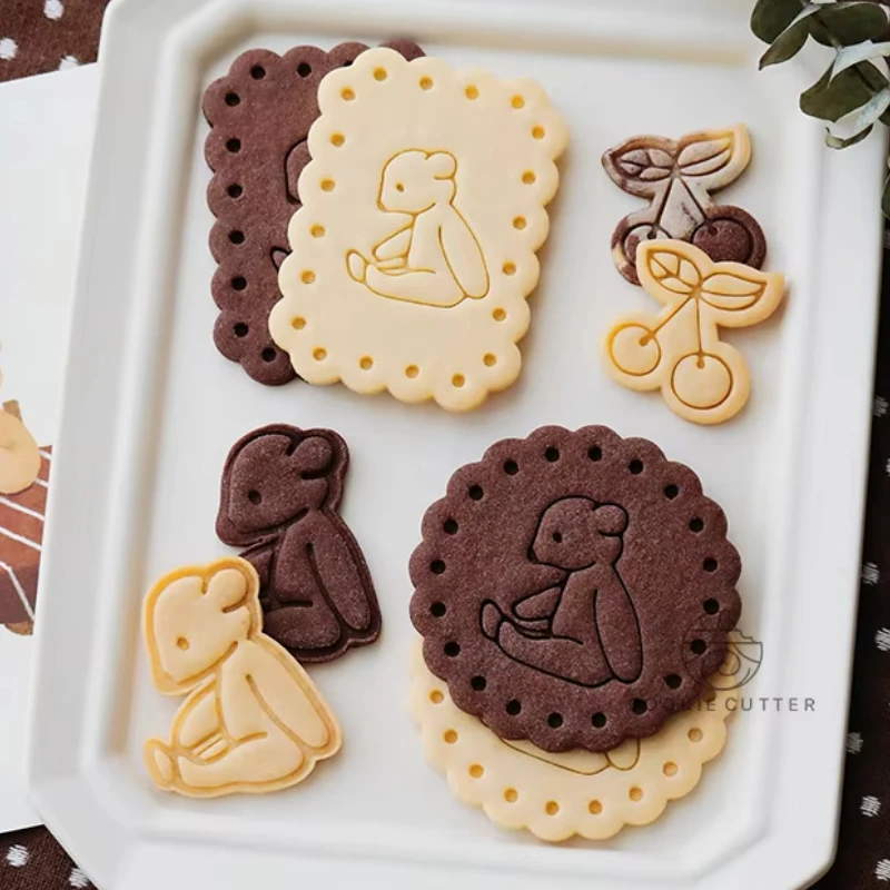 Scalloped Rectangle Round Sitting Bear Cookie Cutter & Stamp Cherry Shaped Biscuit Moulds DIY Fondant Cutting Mold Cake Supplies