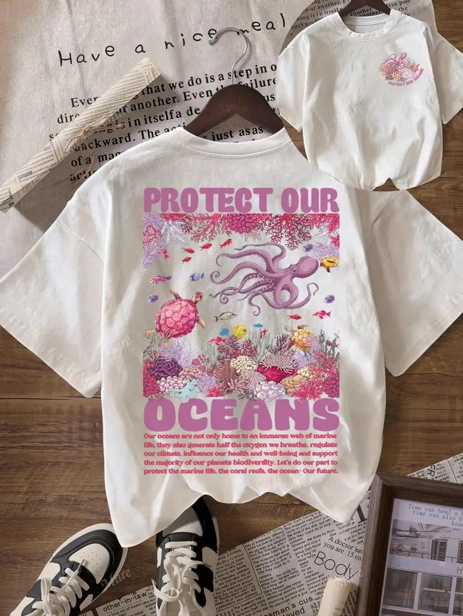 Zestaw koszulek graficznych Plus Size Ocean Conservation, czarny, krótki rękaw dla rodzica i dziecka z nadrukiem „PROTECT OUR OCEANS”