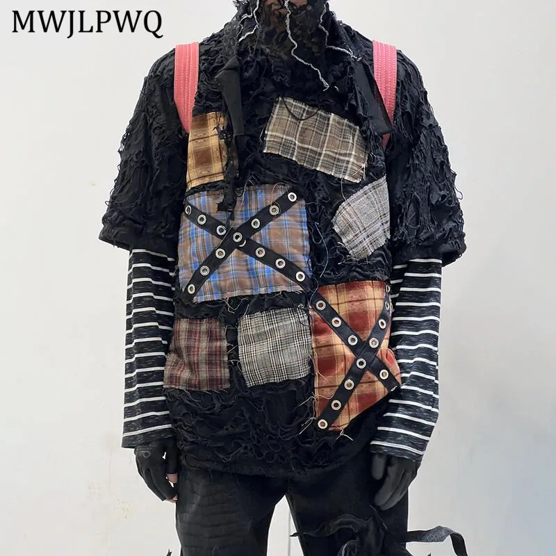 

MWJLPWQ Plaid Spliced Design Texture Long Sleeve T-shirt Men's High Street Lapel 2025 New Clothing Male Loose Casual Tops 11272