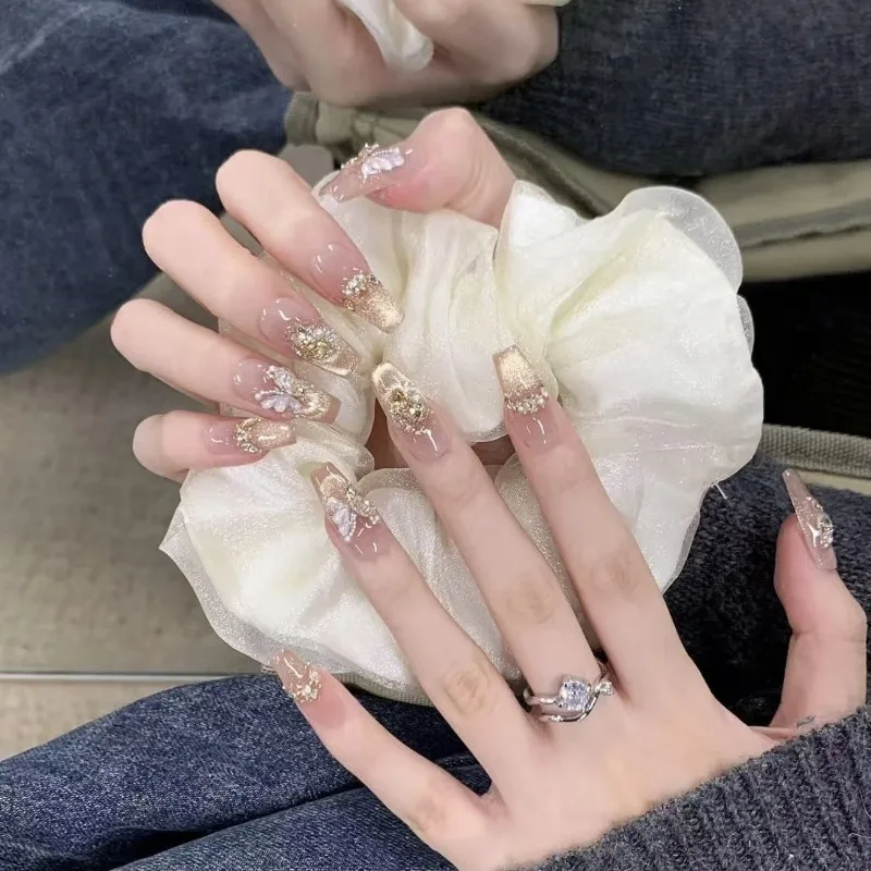 

10pcs Handmade Gold Crystals Nail Tips 3d Butterfly Summer High Quality Acrylic Nails Press on Korean false Nails Set with Tools