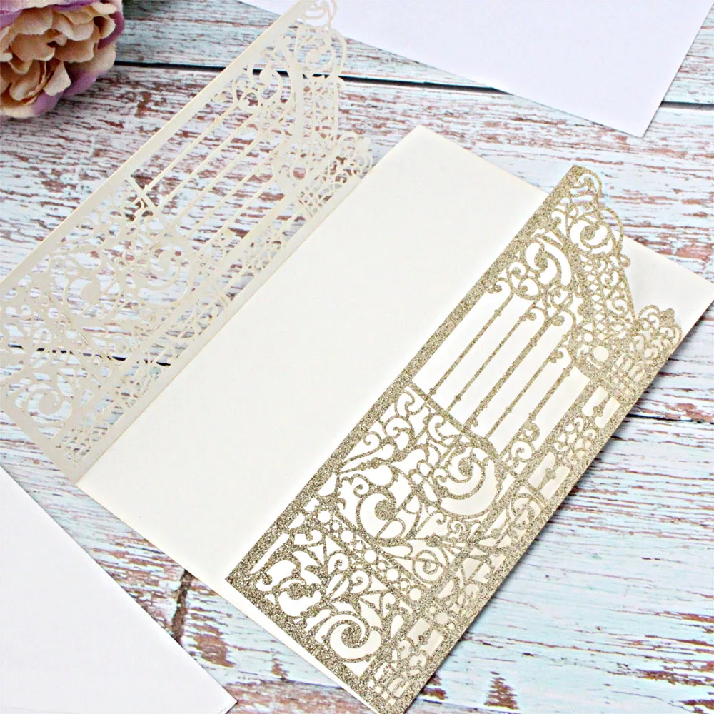 Glitter Gold Invitations Cards For Wedding Bridal Shower Birthday Laser Cutting Party Invites Customized Printing Supply 50 Sets