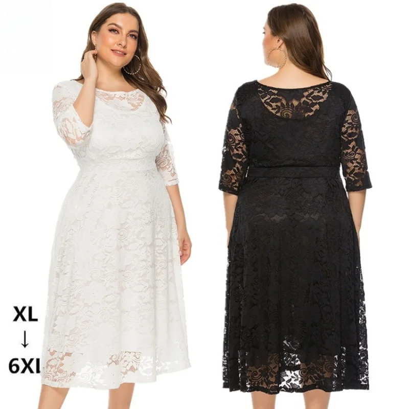 

8xl European and American plus Size Women's Clothes New Evening Bridesmaid Lace Pocket Dress