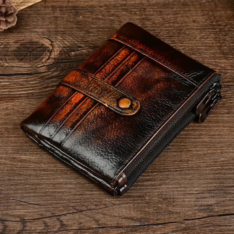 Genuine Leather Men's Short Wallet Retro Card Holder Casual Purse Zipper Coin Pouch Handbag