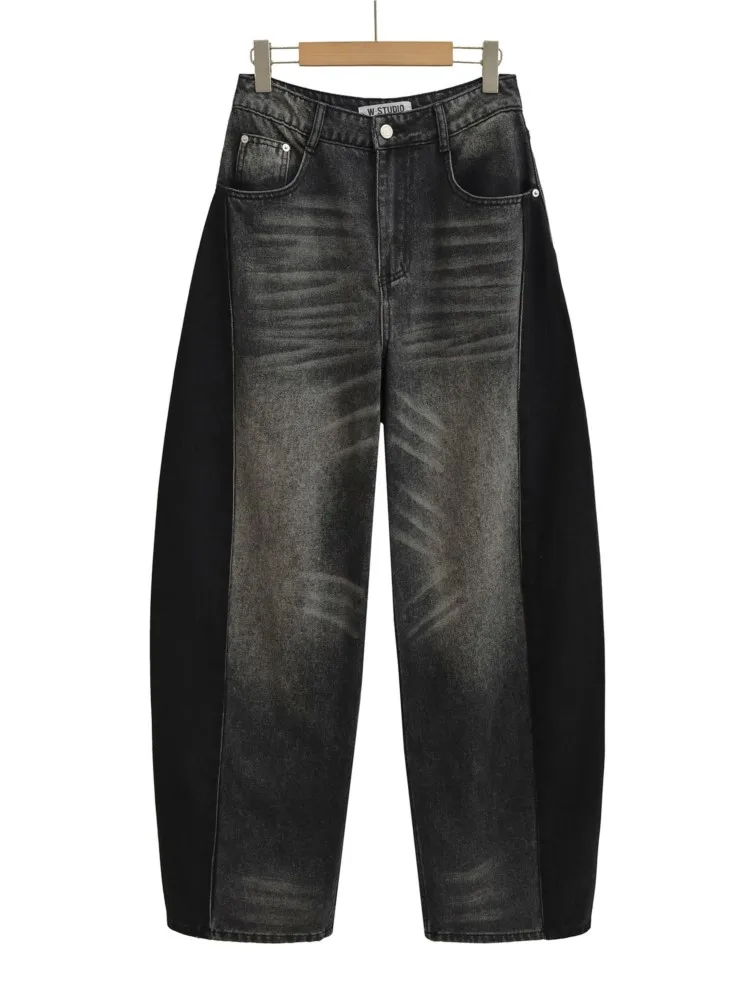 Women's Clothing Retro High Waist Wide Leg Jeans Loose Casual Trousers Contrast Long Pants Simple Style All-match Fashion Trendy