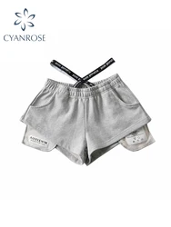 Women's Grey Shorts Y2k Korean Short Pants Harajuku Streetwear Aesthetic Vintage Mini Sports Shorts 2000s Trashy Clothes Summer