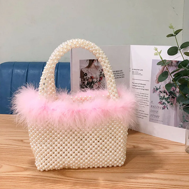 Winter Vintage Beaded Vegetable Basket Customized Hairy Pearl Handmade Big Tote Bags for Women Evening Party Handbag