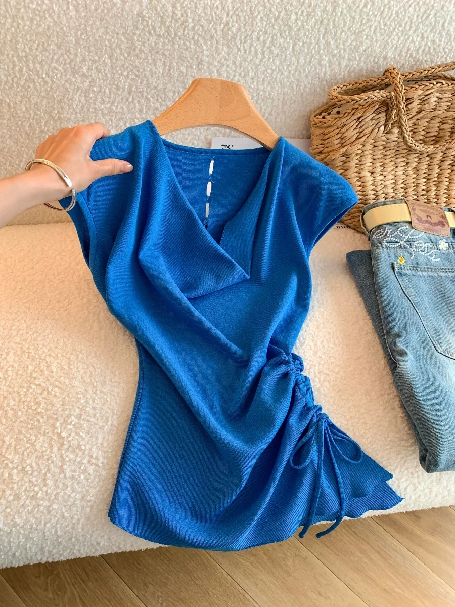 

Lightweight Knitted V-Neck Pullover Women's Top with Drawstring Short Sleeve Slim Fit Blue Casual Wear for Young Girls