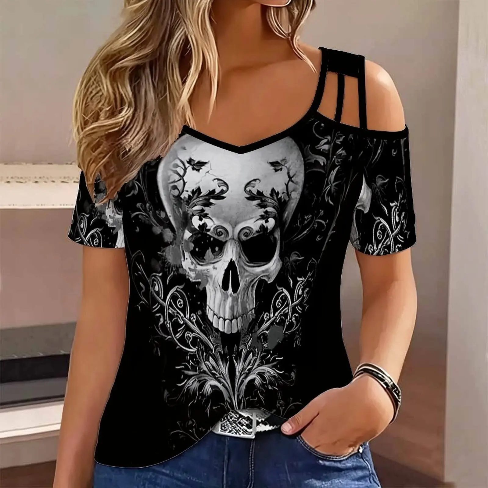 Plus Size Summer Ladies  Slim  Print Cold Shoulder V Neck T-shirt  Fashion Casual Women’s Top Commuting Vacation Beach Outfits