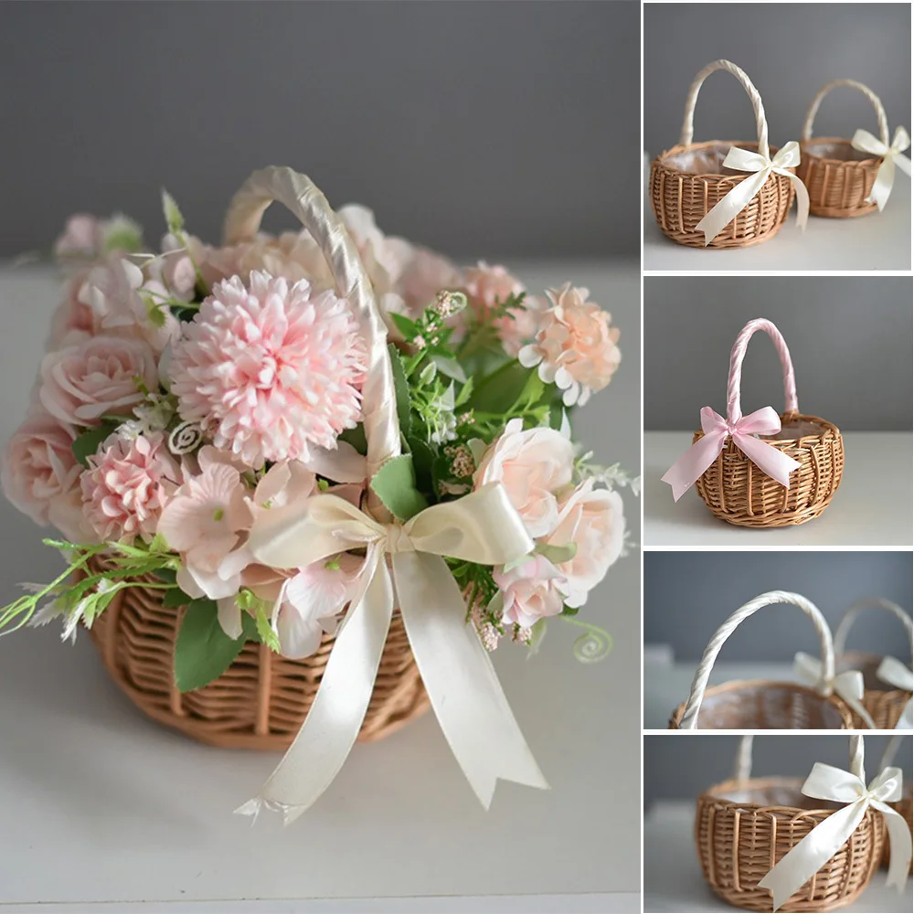 

1pc Woven Flower Basket Handheld Handmade Natural Simulation Flower Basket Gift Arrangement Bamboo Rattan Storage Basket Decor