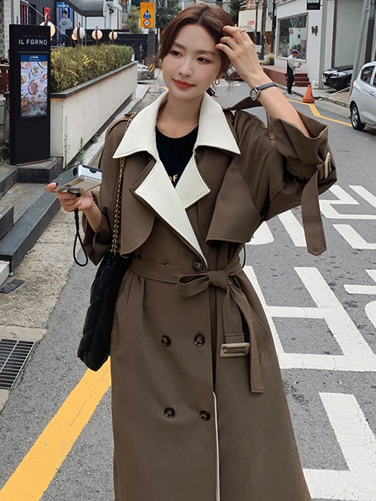 LANMREM Vintage Contrast Color Trench Coat Women Lapel Belt Double Breasted Windbreaker Fashion 2023 Autumn New Clothing 2AA3101