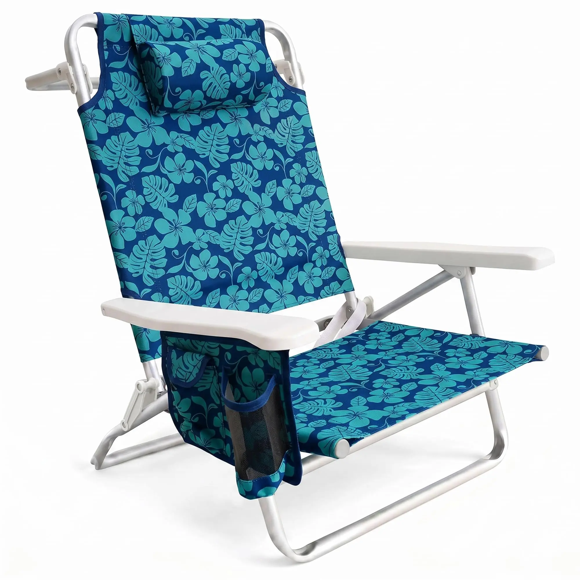 Folding Beach Chair with Towel Rack, Blue Flower