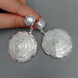 KKGEM 39mm Natural white Shell Mop Carved Flower 14mm White Freshwater Pearl Dangle Stud Earrings