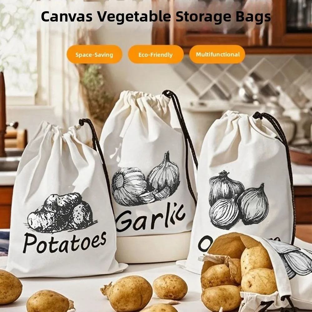 Durable Reusable Onion Potatoes Storage Bag Large With Side Zipper Canvas Bag Drawstring Kitchen Storage Pouch