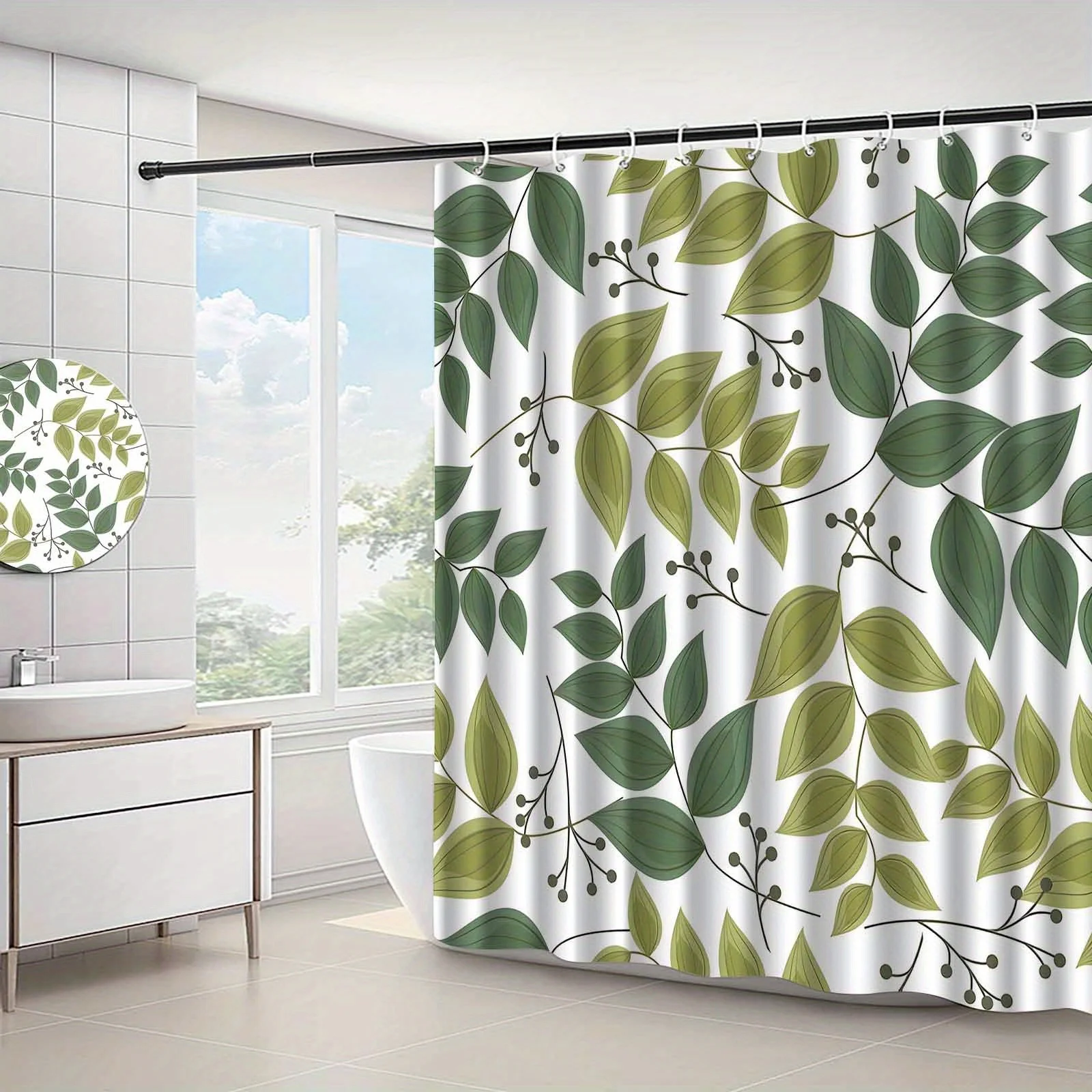 2D Flat, JIT1pcs Green Fresh Leaf Pattern 2D Flat Shower Curtain, High-end Elegant Bathroom Curtain Shower Curtain, Shower Curta