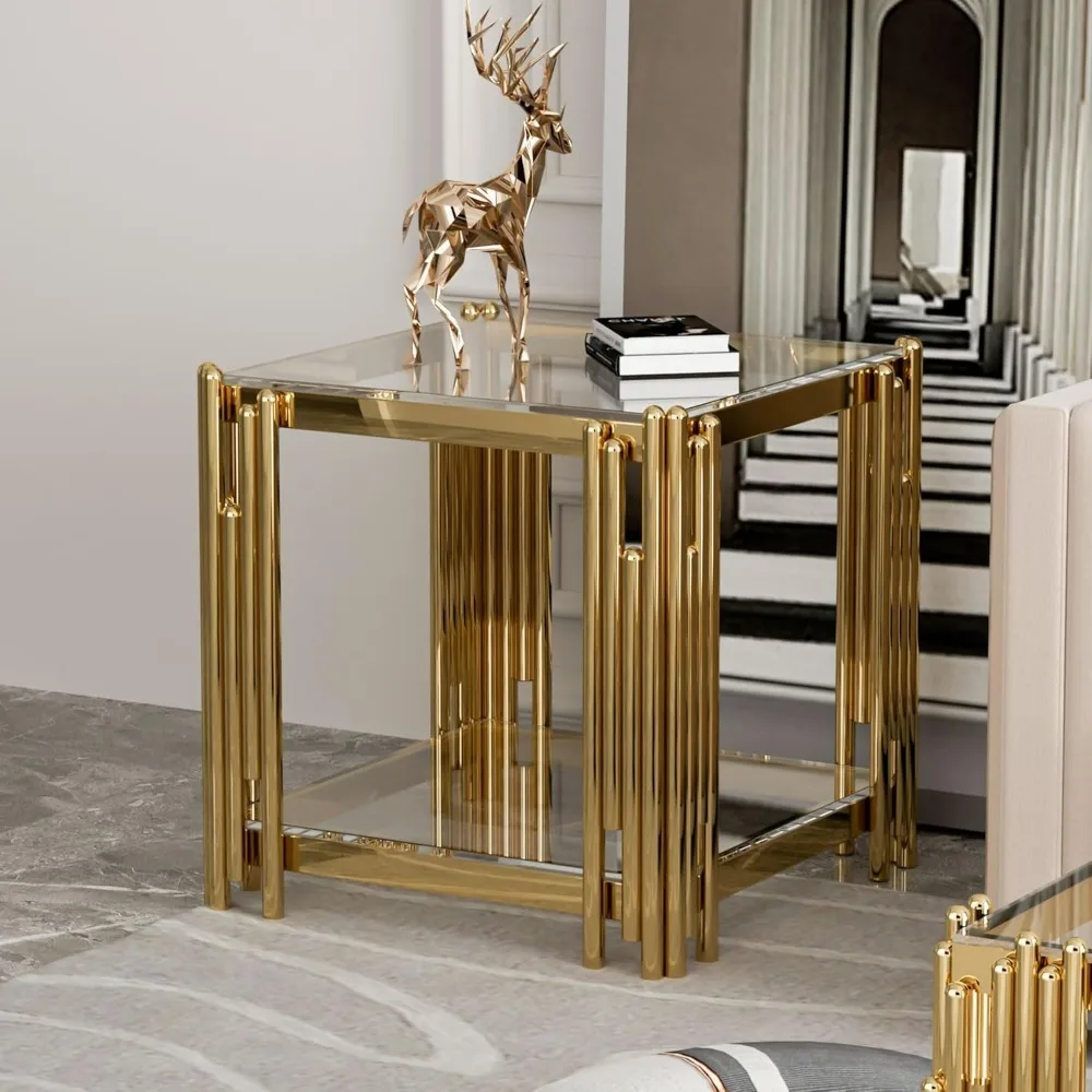 Gold Glass Living Room End Table Sofa Side Table 1Pcs, Stainless Steel Metal Leg, Square Clear Tempered Glass Small Corner Table