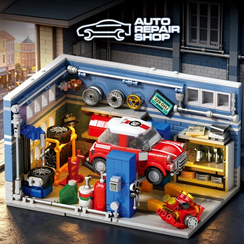 Car Service Garage Construction Bricks Kit, Detailed Auto Repair Workshop Scene Building Blocks, Hobby Display Ornament for Men