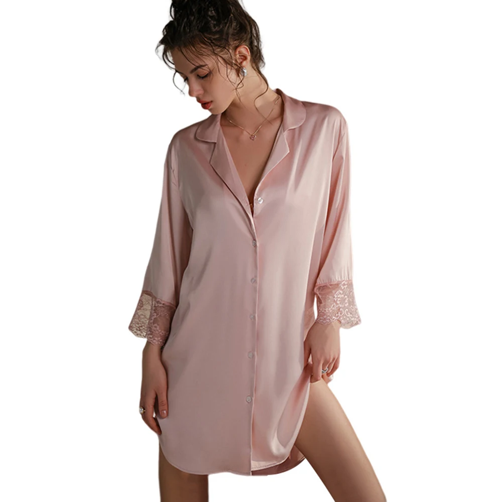 

Women Satin Sleep Shirt Lace Trim 3/4 Long Sleeve Nightgown Button Down Nightshirt Silk Sleepwear Soft Pajama Dress Sleep Dress