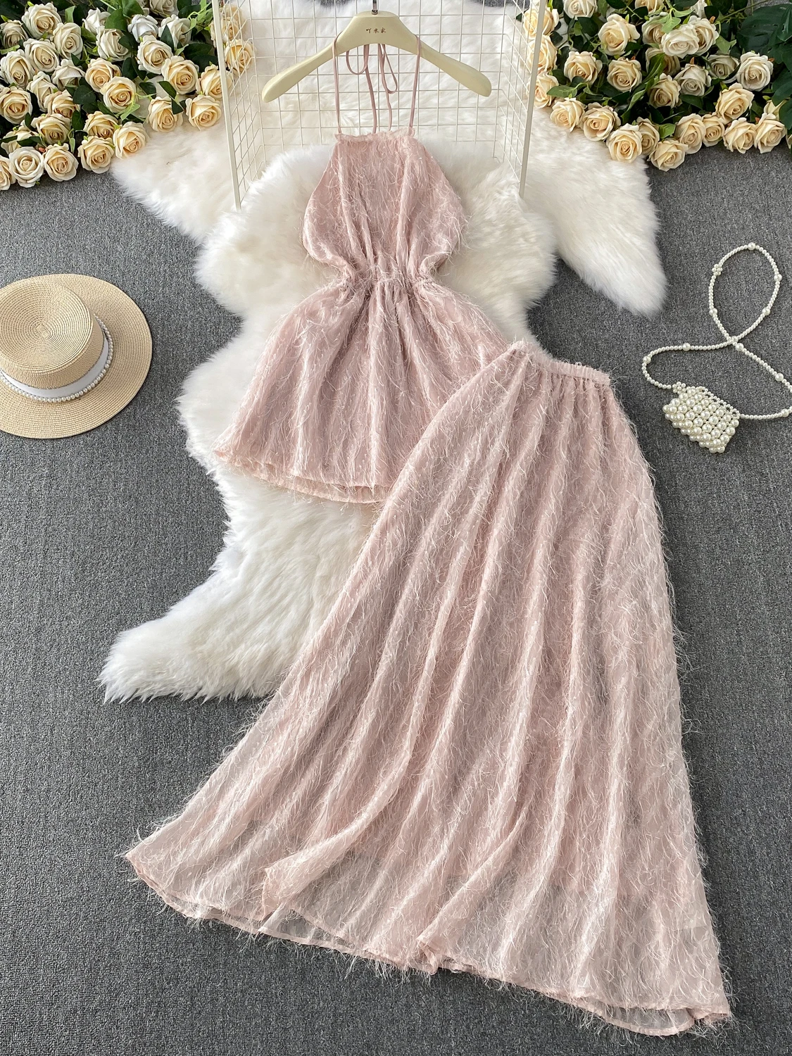 

Pure Desire Sexy Bal ter Top Women's Summer Design Tassel Mid-Length Top Set High Waist Skirt Faionable Ensemble