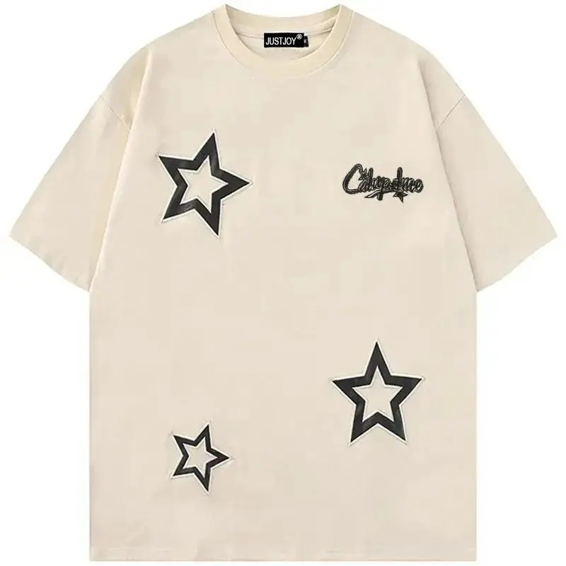 Korean retro street lettering five-pointed star embroidered short-sleeved T-shirt for men and women loose fashion couple tops