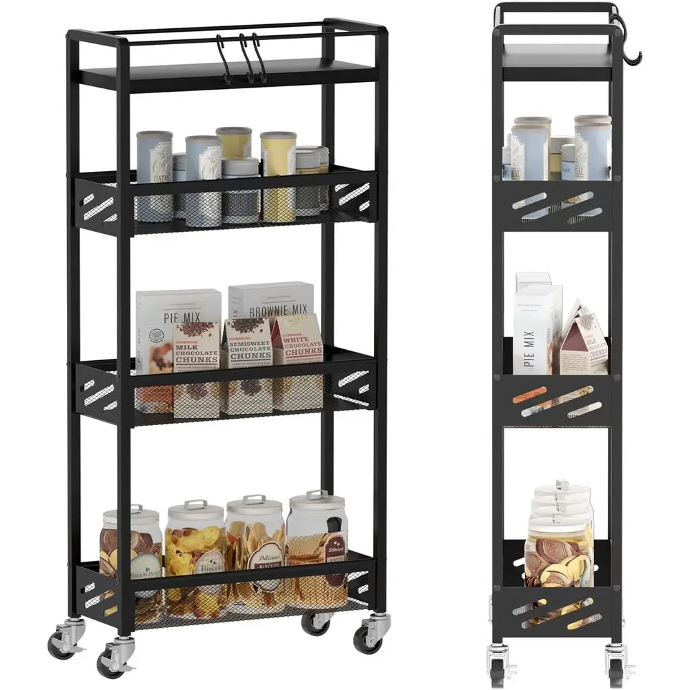 

4-уровневая кухонная тележка на колесиках, узкая многофункциональная тележка с ручкой и деревянной столешницей для небольших помещений на кухне, в гостиной, ванной комнате