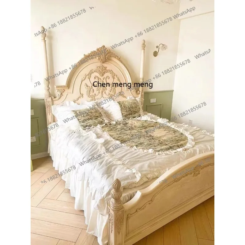 French American solid wood oak retro bed old double carved small apartment princess bed