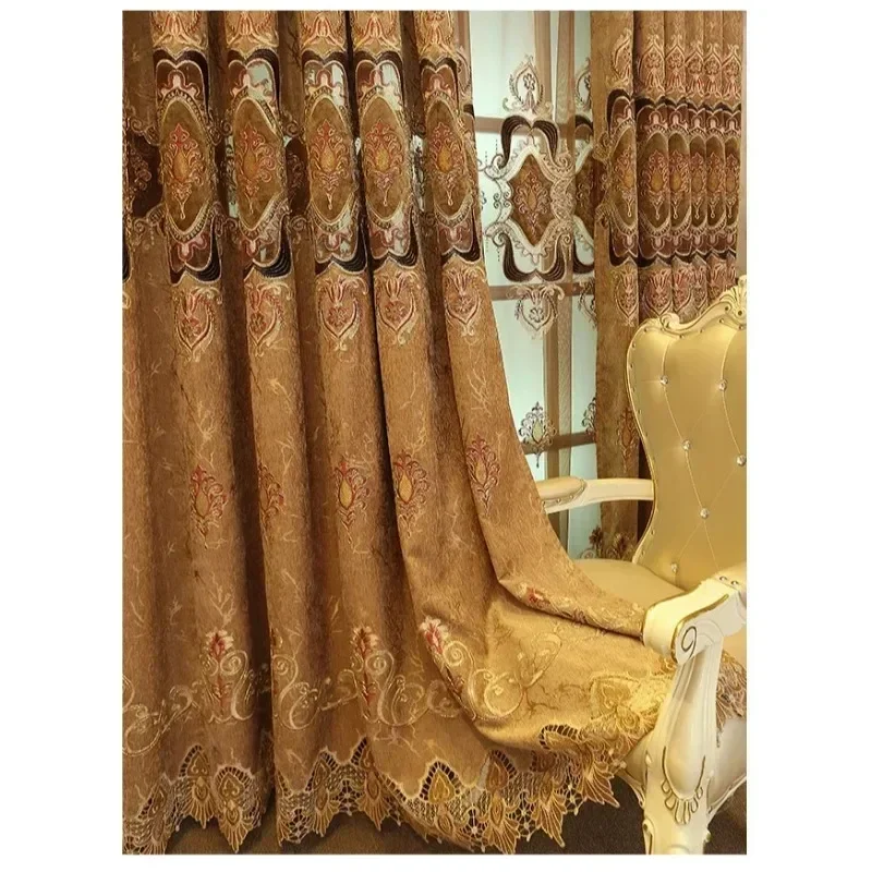 Uropean Palace Luxury Blackout Embroidery Carved Gold Curry Villa Windows Valance Curtains for Living Room Dining Room Bedroom