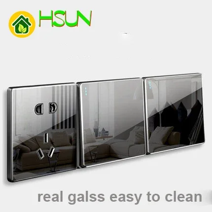 High-grade 1 2 3 4 gang 1 2 way big panel black switch socket Type 86 Wall 2.5D Cambered Mirror Toughened glass Computer TV
