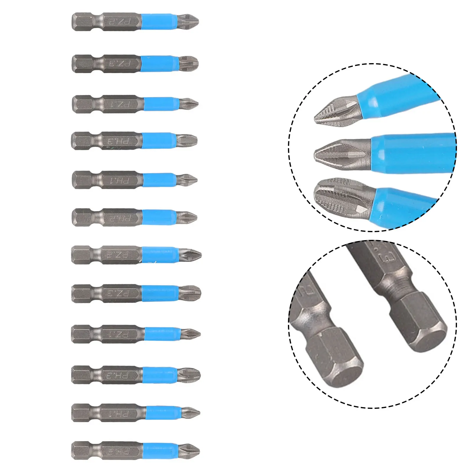 Punta de destornillador Juego de puntas de destornillador de alta dureza de 50 mm para taladros eléctricos y manuales 12 piezas de acero de aleación azul Modelos PH y PZ