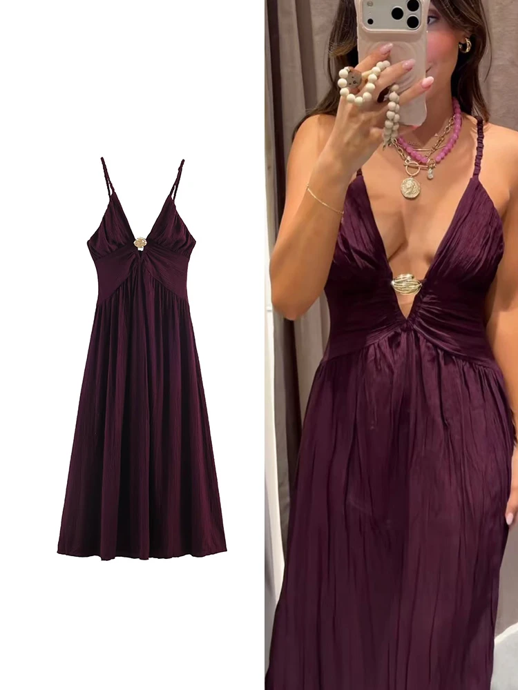 TFMLN New Women's Sling Dress Minimalist V Neck Zipper Holiday Style Pleated Midi Camisole Clothing 2026 Summer Long Dress