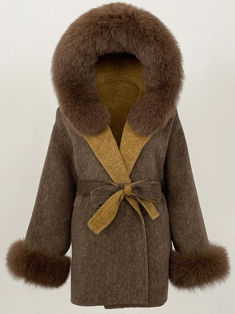 2025 Lady Nautural Fox Fur Woolen Jacket Womens Winter Clothing Hooded Commute Real Fur Wool Coat Female Fashion Clothes