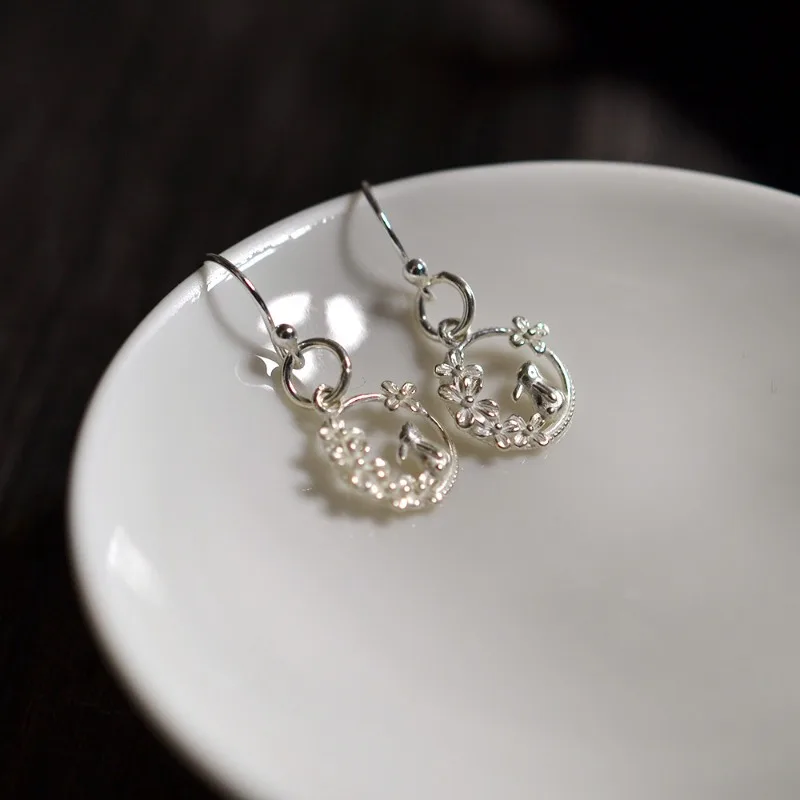 A Genuine 925 Sterling Silver Niche Design Openwork Osmanthus Jade Rabbit Stud Earrings for Women Minimalist Petite Versatile