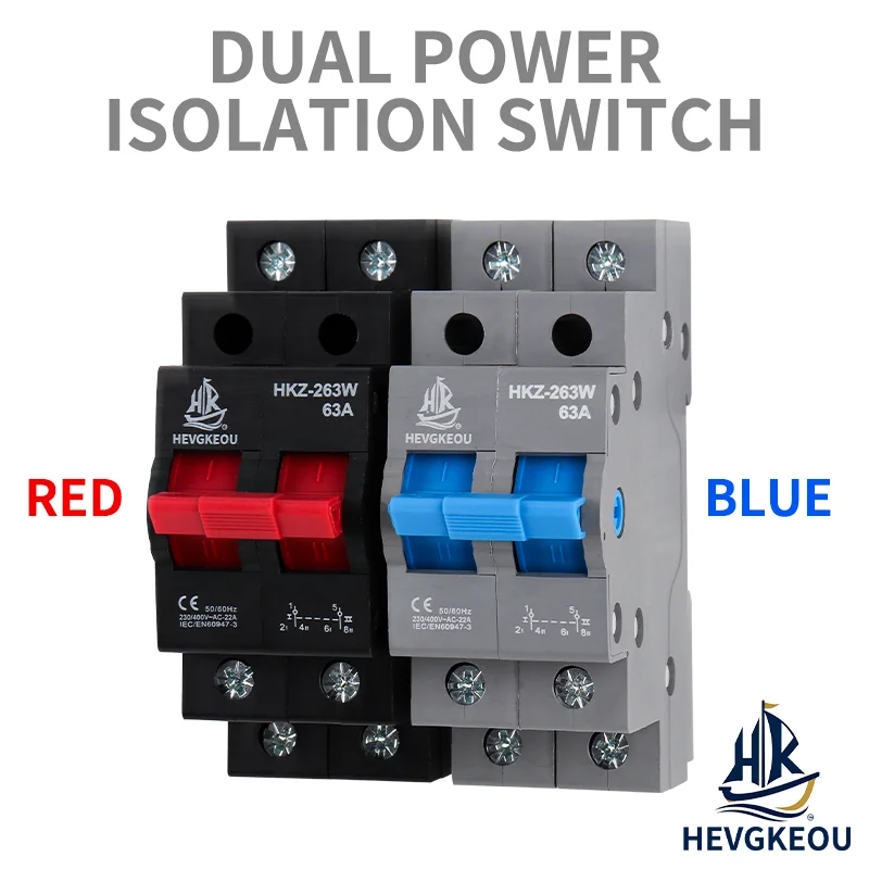 HEVGKEOU HKZ-263W 2P 63A Double Power Isolation Switch - Red/Blue 230VAC 50/60Hz Dual Power Isolator Interrupter CE Certified
