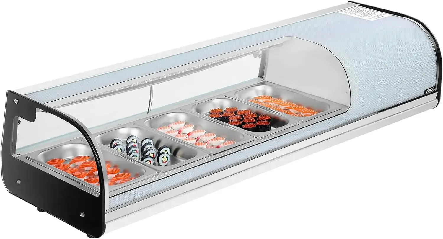 Sushi Display Case Refrigerator, 1.8 Cu.ft Commercial Sushi Case, 5-Pan Countertop Showcase with Curved Glass, LED Lighting