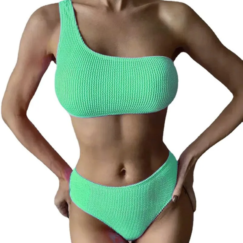 Bikini Solid Color One Shoulder High Waist Split Swimsuit Sexy Swimsuit Women