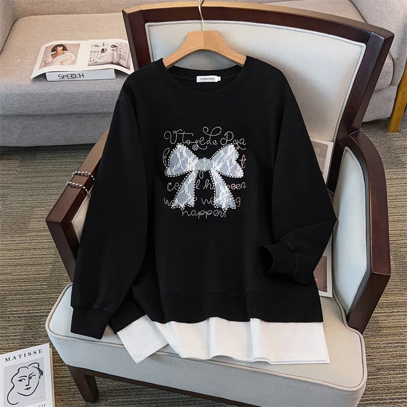 175Kg grande taille femmes buste 170 automne col rond ample à manches longues Patchwork imprimé sweat 4XL 5XL 6XL 7XL 8XL 9XL