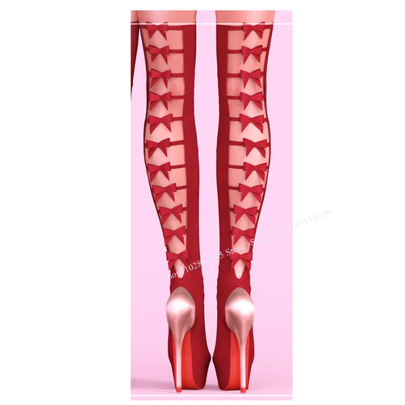 Bottes Hautes à Plateforme avec Nministériels d Papillon Rouge pour Femme, Chaussures Fines, Rondes, à la Mode, Sexy, Cool, Hiver 2024