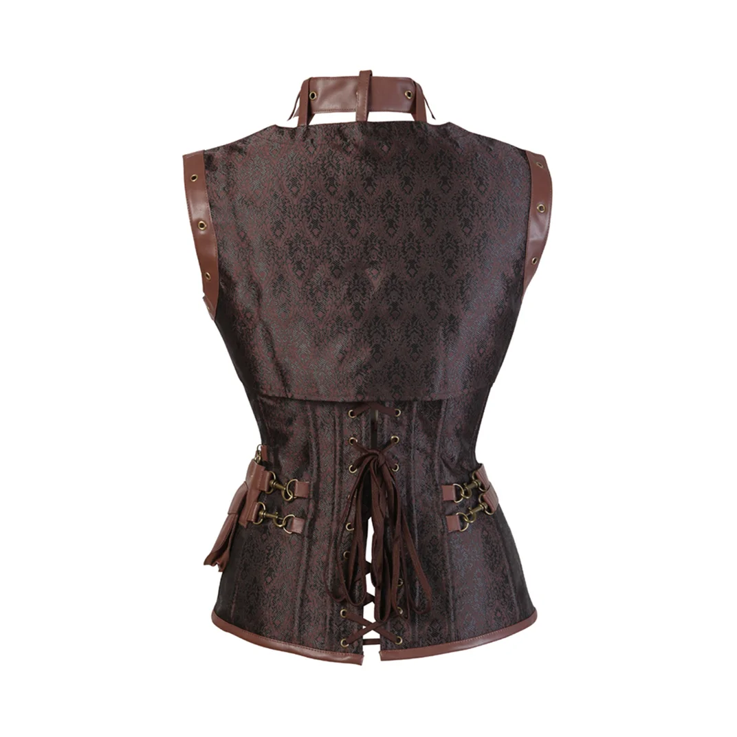 Steampunk Medieval Women Zipper Punk Style Spiral Steel Bone Leather Corset Bustier Top Sexy Gothic Brown Halloween Party Outfit