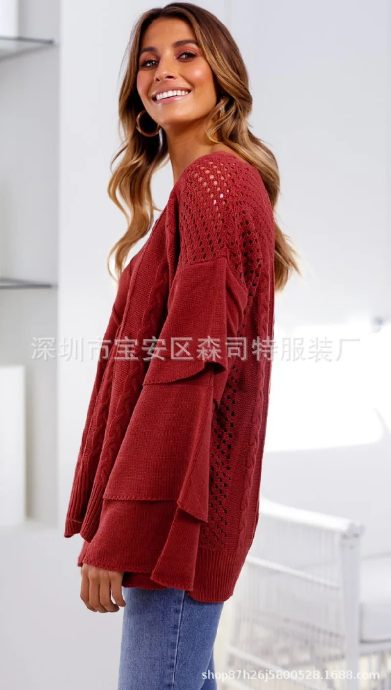 New Sweater Knitted Flared Sleevepullover Knitted Sweater Blouse of Hemp Pattern In Solid Color