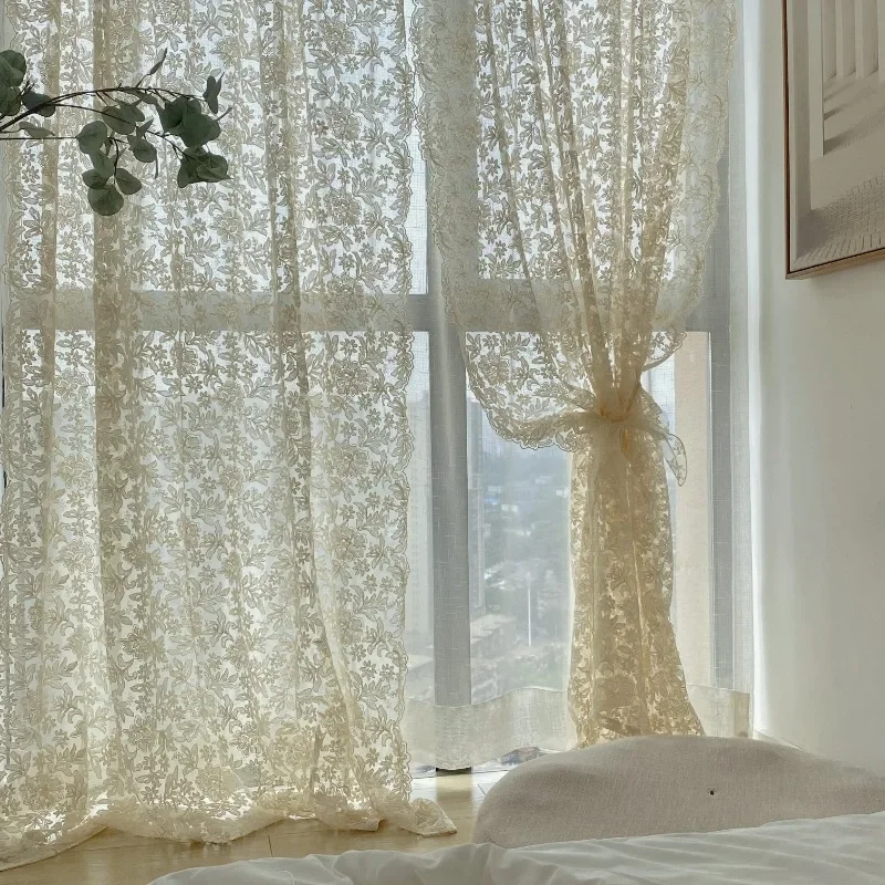 French Curtains Lace Gauze for Living Room  Cream Retro Wavy Edge Bedroom Bay Window Girl Embroidery Curtain Door White Tulle