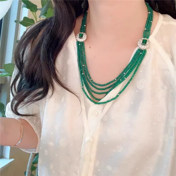 

22-23" Faceted Round Green Agate Sweater Necklace