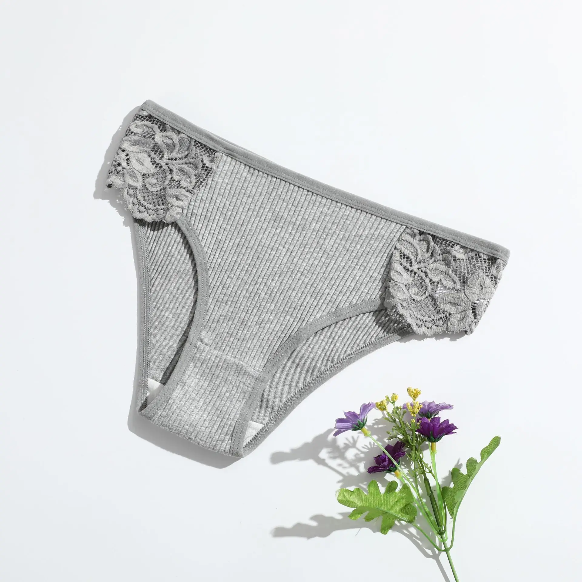 ملابس داخلية نسائية مضلعة من القطن، سراويل بيكيني منخفضة الارتفاع مع حواف من الدانتيل، ملابس داخلية مريحة مبطنة ومسامية #3