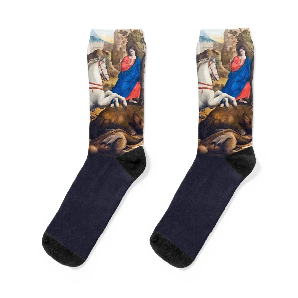 Saint George and the Dragon Horse Mounted Knight Original Medieval Painting Marco Basaiti Socks colored man Ladies Socks Men's