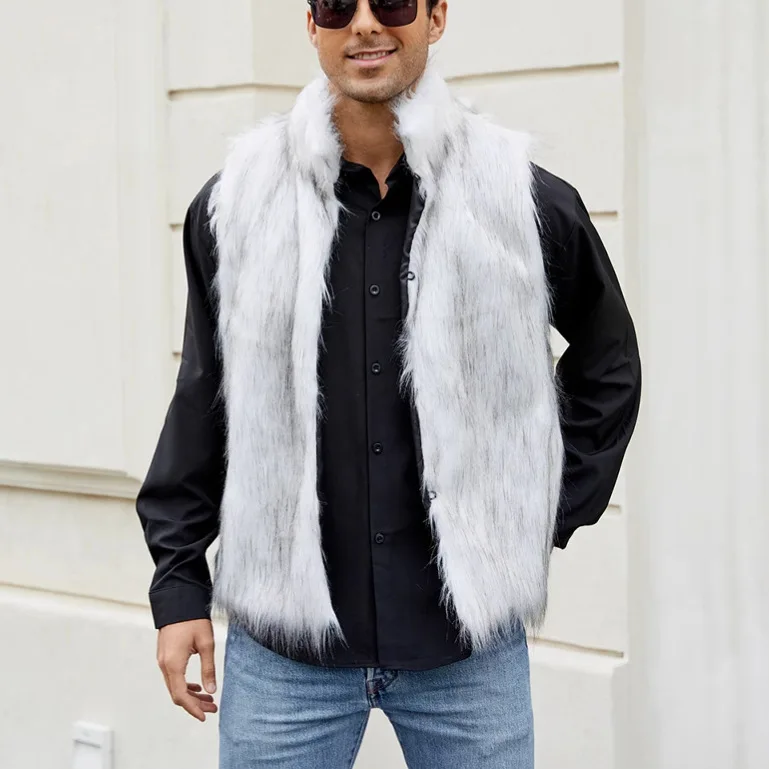 Mens Imitation Fur Stand-up Collar Vest Imitation Fox Fur Vest Warm and Cold Proof